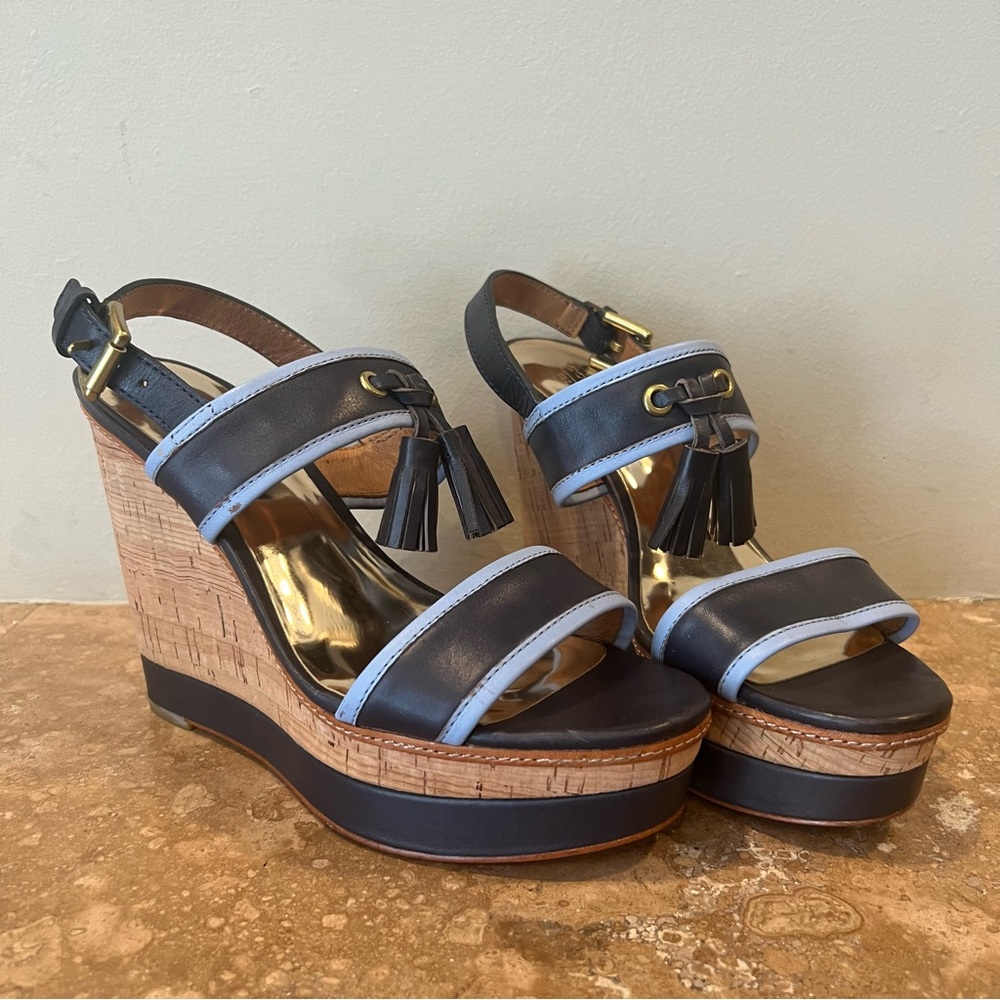 Coach Guileietta Light Blue & Navy Cork Wedges size 7.5
